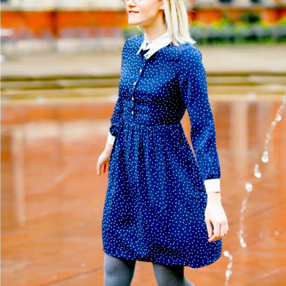 Cat Collar Blue Polka Dot Long Sleeve Dress